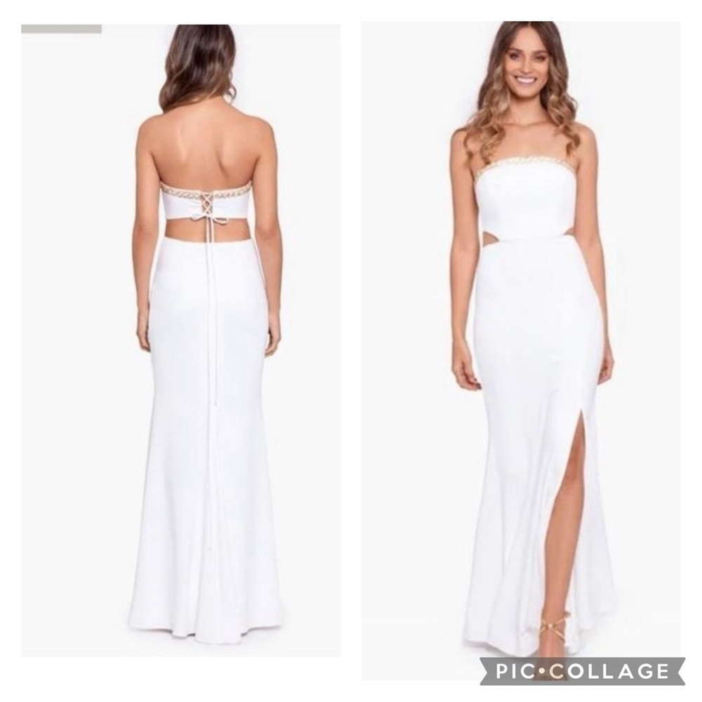 XscapeΒ Amabella lace up long strapless scuba crepe dress 16